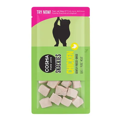 Cosma Snackies chicken, gently freeze-dried, 100% pure meat. Visible chunks of product in resealable pouch. Text: Try now! Find more delicious Cosma Snackies at zooplus.