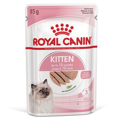 Royal Canin Kitten nedves eledel, 85g, 12 hónapos korig macskáknak. Tartósítószer nélkül, mousse és szósz formában. A csomagoláson macska és termékkép látható.