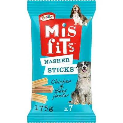 Misfits Nasher Sticks, chicken and beef flavour, 175g pack with 7 sticks shown on packaging. Misfits Nasher Sticks, chicken and beef flavour, 175g pack with 7 sticks shown on packaging.
