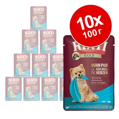 Пакетчета Rinti Gold Huhn Pur & Geflügelherzen, изображение на куче, комплект 10×100 г. Видим текст: чиста кура и сърца от домашни птици. Надпис в червен кръг: 10x 100 г.