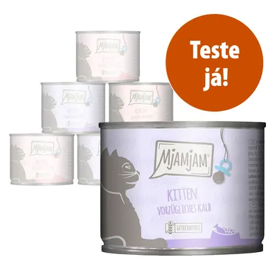 Latas de comida húmida para gatinhos MjAMjAM Kitten Vorzügliches Kalb, com texto promocional 'Teste já!'. Rótulo indica 'getreidefrei' (sem cereais).