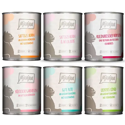 Set prova! MjAMjAM 6 x 800 g umido gatto - Mix: Pollo, Manzo, Tacchino, Gamberetti & Pollo, Cervo, Pollo & Salmone