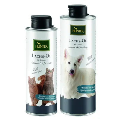 Hunter laxolja för katter och hundar, 100 % naturlig, kvalitet från Norge. Förpackningen visar katt och hund.