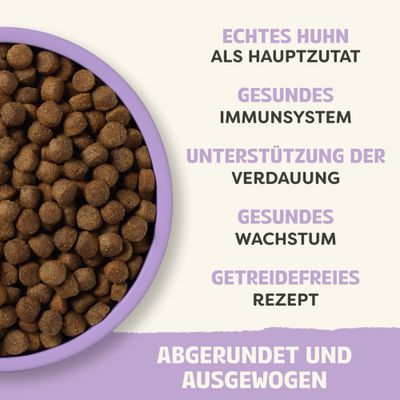 Echtes Huhn als Hauptzutat, gesundes Immunsystem, Unterstützung der Verdauung, gesundes Wachstum, getreidefreies Rezept, abgerundet und ausgewogen.