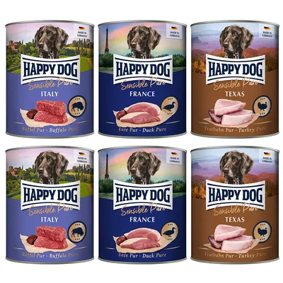 Икономична опаковка Happy Dog Sensible Pure 12 x 800 г - смесена опаковка (пуешко, биволско, патешко)