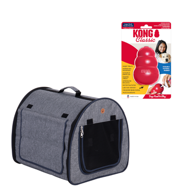 Lot avec jouet rouge KONG® et caisse de transport grise en tissu, symbole pourcentage indiquant une offre promotionnelle visible en haut à droite.