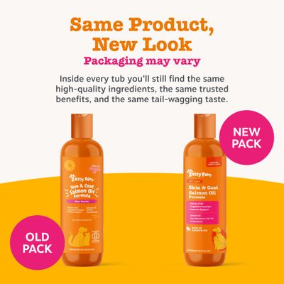 Jämförelse mellan den gamla och nya förpackningen av Zesty Paws Skin & Coat Salmon Oil Formula. Observera: Produkten är densamma, förpackningen kan variera.