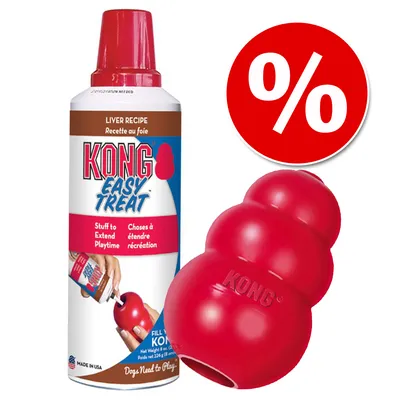 KONG Easy Treat Liver Recipe, confezione spray da 226 g e gioco per cani KONG rosso in gomma, simbolo percentuale bianco su sfondo rosso visibile.