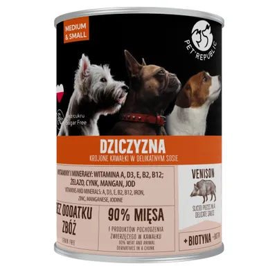 Pet Republic Zvěřina pro střední a malé psy, 90 % masa, bez cukru, bez obilovin, s biotinem, vitamíny A, D3, E, B2, B12, železem, zinkem, manganem, jódem.
