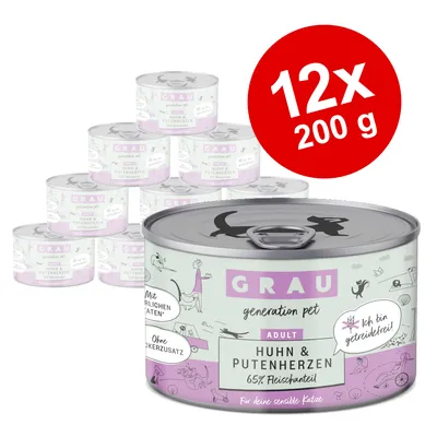 GRAU Adult Huhn & Putenherzen, 65% Fleischanteil, ohne Zuckerzusatz, getreidefrei. Packung: 12x 200g für sensible Katzen.