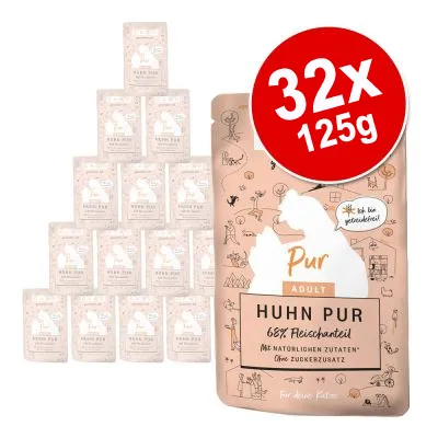Pur Adult Huhn Pur 68 % Fleischanteil, 32 x 125 g. Med naturliga ingredienser, utan socker tillsats. Förpackning med illustrationer av hund och katt.