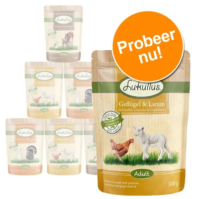 Lukullus Adult natvoer, zichtbare smaken: Geflügel & Lamm, Kaninchen & Wild, Putenherzen & Gans. Groot oranje label met tekst: Probeer nu!