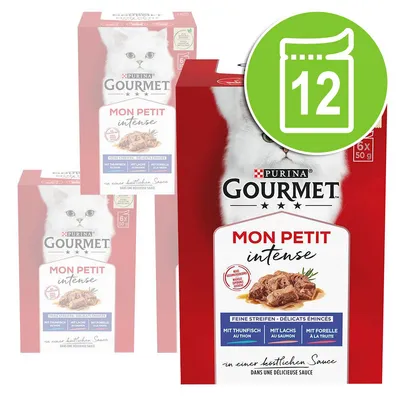 Purina Gourmet Mon Petit Intense, Feine Streifen in Sauce. Sorten: Thunfisch, Lachs, Forelle. Packung mit 6x50g. Grünes Symbol: 12 Portionsbeutel.