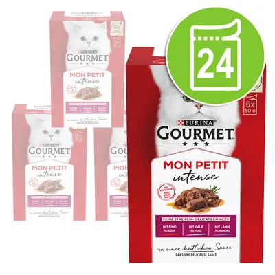 Purina Gourmet Mon Petit Intense, fina strimlor i sås, sorter: nötkött, kalv, lamm. Förpackning med 6x50g. Grön symbol för 24 portioner synlig.
