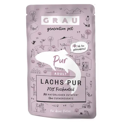 GRAU generation pet Pur ADULT LACHS PUR 70% Fischanteil, Mit natürlichen Zutaten*, Ohne Zuckerzusatz, Ich bin getreidefrei! Texte en allemand. Sachet pour chat visible.