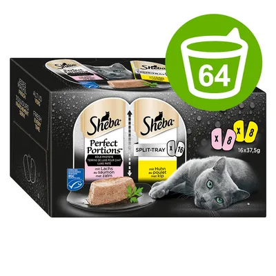 Sheba Perfect Portions pâtée pour chat, 16 barquettes de 37,5 g, 8 au saumon, 8 au poulet. Visuel d’un chat gris et logo portion 64 en haut à droite.