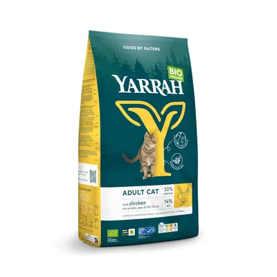 Yarrah Bio Organic Adult Cat torrfoder med kyckling, risprotein, ärtor och MSC-fiskolja. 30% protein, 14% fett. Certifierat ekologiskt och balanserat för katter.