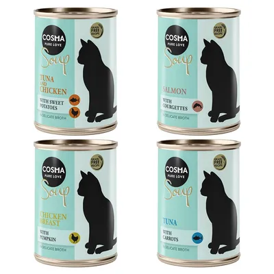 Cosma Soup pour chats, variétés : thon et poulet avec patates douces, saumon avec courgettes, filet de poulet avec potiron, thon avec carottes. Recette sans céréales.