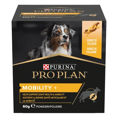 Purina Pro Plan Mobility+ powder 60g box, source of collagen, helps support joint health & mobility, image of a dog on front. Text also in French: Source de collagène.