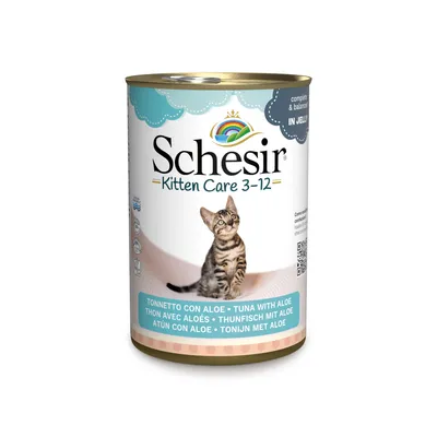 Schesir Kitten Care 3-12, atum com aloé, completo e equilibrado em geleia. Lata com motivo de gato.