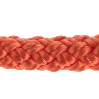 Gevlochten touw in fel oranje, materiaal zichtbaar als synthetische vezels.
