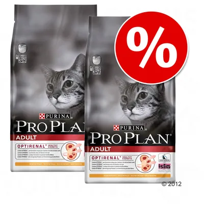 Zwei Beutel Purina Pro Plan Adult mit Optirenal, Healthy Kidneys, reich an Huhn. Großes rotes Prozentzeichen für Rabattaktion sichtbar.
