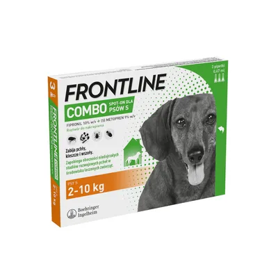 Frontline Combo spot-on dla psów S 2–10 kg, 3 pipetki po 0,67 ml. Zawiera fipronil 10% i (S)-metopren 9%. Zabija pchły, kleszcze i wszy. Boehringer Ingelheim.