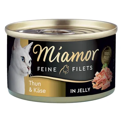 Miamor Feine Filets Thun & Käse in Jelly macskakonzerv, 100% filet felirattal, fekete-arany dobozban, fehér macska képe a címkén