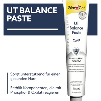 GimCat UT Balance Paste, unterstützt gesunden Harn, enthält Komponenten, die mit Phosphor und Oxalat reagieren. Urine-Support Formula, 50g, Made in Germany, ohne Zuckerzusatz.
