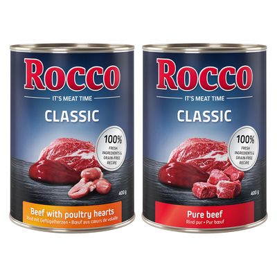 Rocco Classic Beef with game -koiran märkäruoka, 12 x 400 g säilykepakkaus. Etiketissä teksti: 100 % fresh ingredients & grain-free. Tuotteen nimi ja paino näkyvissä.