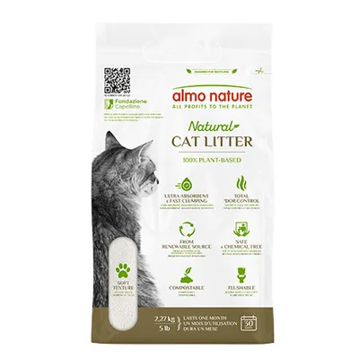 Sac de litière pour chat almo nature Natural Cat Litter, 100 % végétale, ultra absorbante, contrôle des odeurs, compostable, 2,27 kg, texte en anglais sur l’emballage.