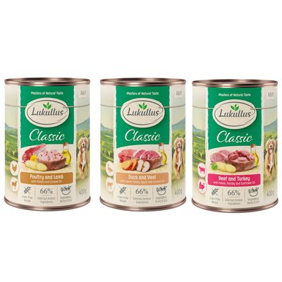 Lukullus Geflügel & Lamm con patate, tarassaco e olio di lino, 400g, senza cereali, 66% ingredienti animali.