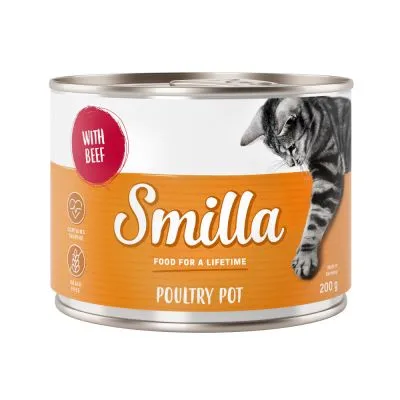 Smilla FOOD FOR A LIFETIME POULTRY POT, WITH BEEF, 200 g. Kornfri. Dåse med billede af kat. Made in Germany. Smilla FOOD FOR A LIFETIME POULTRY POT, WITH BEEF, 200 g. Kornfri. Dåse med billede af kat. Made in Germany.