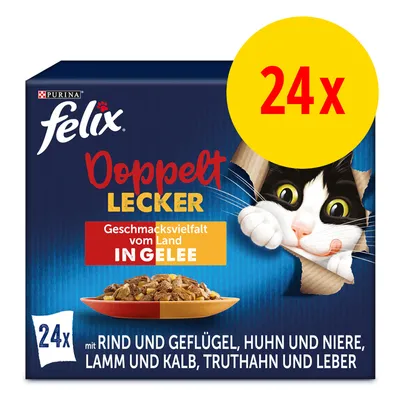 felix Doppelt Lecker Geschmacksvielfalt vom Land in Gelee, 24x mit Rind und Geflügel, Huhn und Niere, Lamm und Kalb, Truthahn und Leber