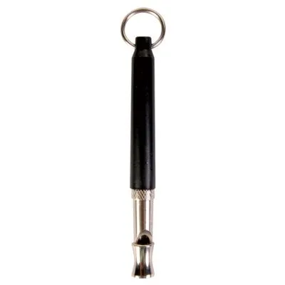 Fischietto in metallo e plastica con anello per portachiavi, corpo nero e bocchino argentato visibile.