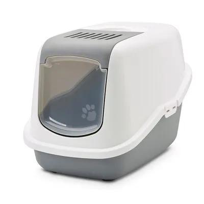 Kattenbak met kap, grijze onderbak en witte bovenkap, transparant klapdeurtje met pootafdruk zichtbaar, ventilatierooster aan de bovenzijde. Gemaakt van kunststof.