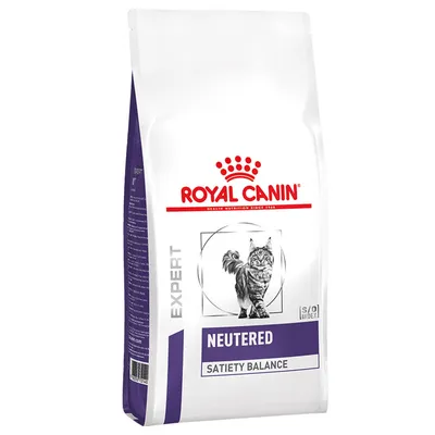 Pachet Royal Canin Expert Neutered Satiety Balance, imagine cu pisică, text vizibil: S/O Index, NEUTERED, SATIETY BALANCE.