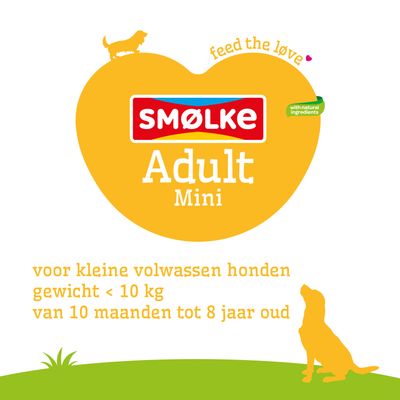 SMØLKE Adult Mini met natuurlijke ingrediënten, voor kleine volwassen honden onder de 10 kg, geschikt van 10 maanden tot 8 jaar.