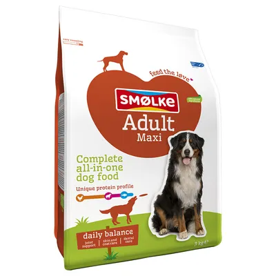 Smølke Adult Maxi, alimento completo per cani con profilo proteico unico. Daily balance: supporto articolare, cura di pelle e pelo, igiene dentale. Confezione da 3 kg.