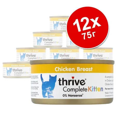 Комплект 12 консерви thrive Complete Kitten Chicken Breast, всяка по 75 г. Видим текст: 0% Nonsense. За котенца.