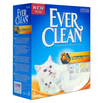 Ever Clean Litterfree Paws, arena aglomerante para gatos y gatitos, 6L. Texto visible: 'NEW', '99,9% dust free', 'ideal for kittens & cats', imágenes de dos gatos blancos. Ever Clean Litterfree Paws, arena aglomerante para gatos y gatitos, 6L. Texto visible: 'NEW', '99,9% dust free', 'ideal for kittens & cats', imágenes de dos gatos blancos.