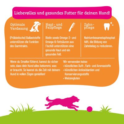 Liebevolles und gesundes Futter für deinen Hund: optimale Verdauung, Haut- und Fellpflege, Zahnpflege. Keine künstlichen Zusatzstoffe oder Weizengluten enthalten.