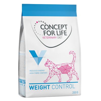 Concept for Life Veterinary Diet Weight Control, 350g. Reduzierte Energie, hoher Ballaststoffgehalt. Verpackung mit geometrischer Katzenabbildung.