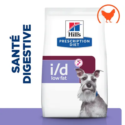 Hill's Prescription Diet i/d low fat, santé digestive, image d'un chien, pictogramme poulet orange en haut à droite, texte ACTIVBIOME+ visible sur l'emballage.