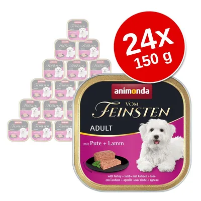 animonda Vom Feinsten Adult mit Pute + Lamm, 24 x 150 g. Na opakowaniu zdjęcie psa i kawałek karmy. animonda Vom Feinsten Adult mit Pute + Lamm, 24 x 150 g. Na opakowaniu zdjęcie psa i kawałek karmy.