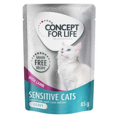 Concept for Life Sensitive Cats, recette sans céréales, à l’agneau, pour chats sensibles dès 1 an, sauce gravy, sachet de 85 g. Texte en anglais visible sur l’emballage.