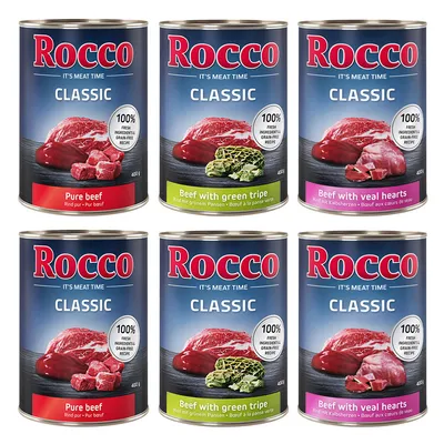 Rocco Classic Nassfutter, Sorten: Pure beef, Beef with green tripe, Beef with veal hearts. 100% frische Zutaten, getreidefreie Rezeptur, 400g Dosen.