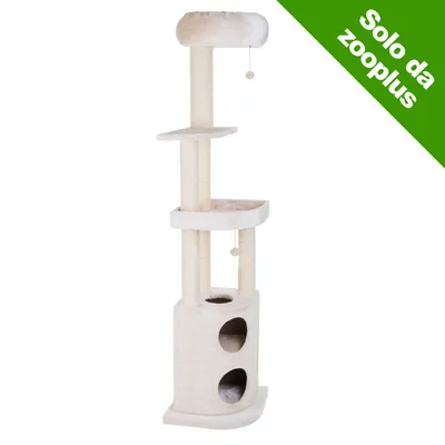 Tiragraffi beige a più livelli con cuccia superiore, piattaforme, due nicchie e palline appese. Angolo verde in alto a destra con testo: Solo da zooplus. Tiragraffi beige a più livelli con cuccia superiore, piattaforme, due nicchie e palline appese. Angolo verde in alto a destra con testo: Solo da zooplus.