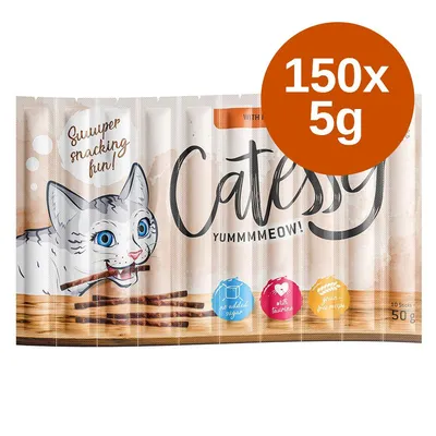 Catessy YUMMMMEOW! 150x5g, Snuuper snacking fun!, no added sugar, with taurine, grain free recipe. Balení s obrázkem kočky a tyčinek.