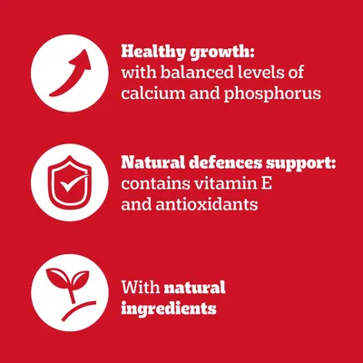 Healthy growth with balanced calcium and phosphorus, natural defences support with vitamin E and antioxidants, and made with natural ingredients.